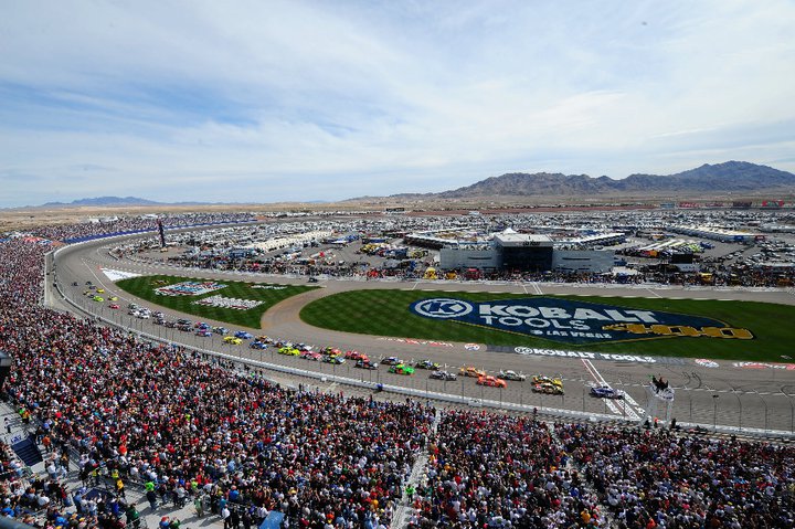 Race cars and spectators at Las Vegas Motor Speedway