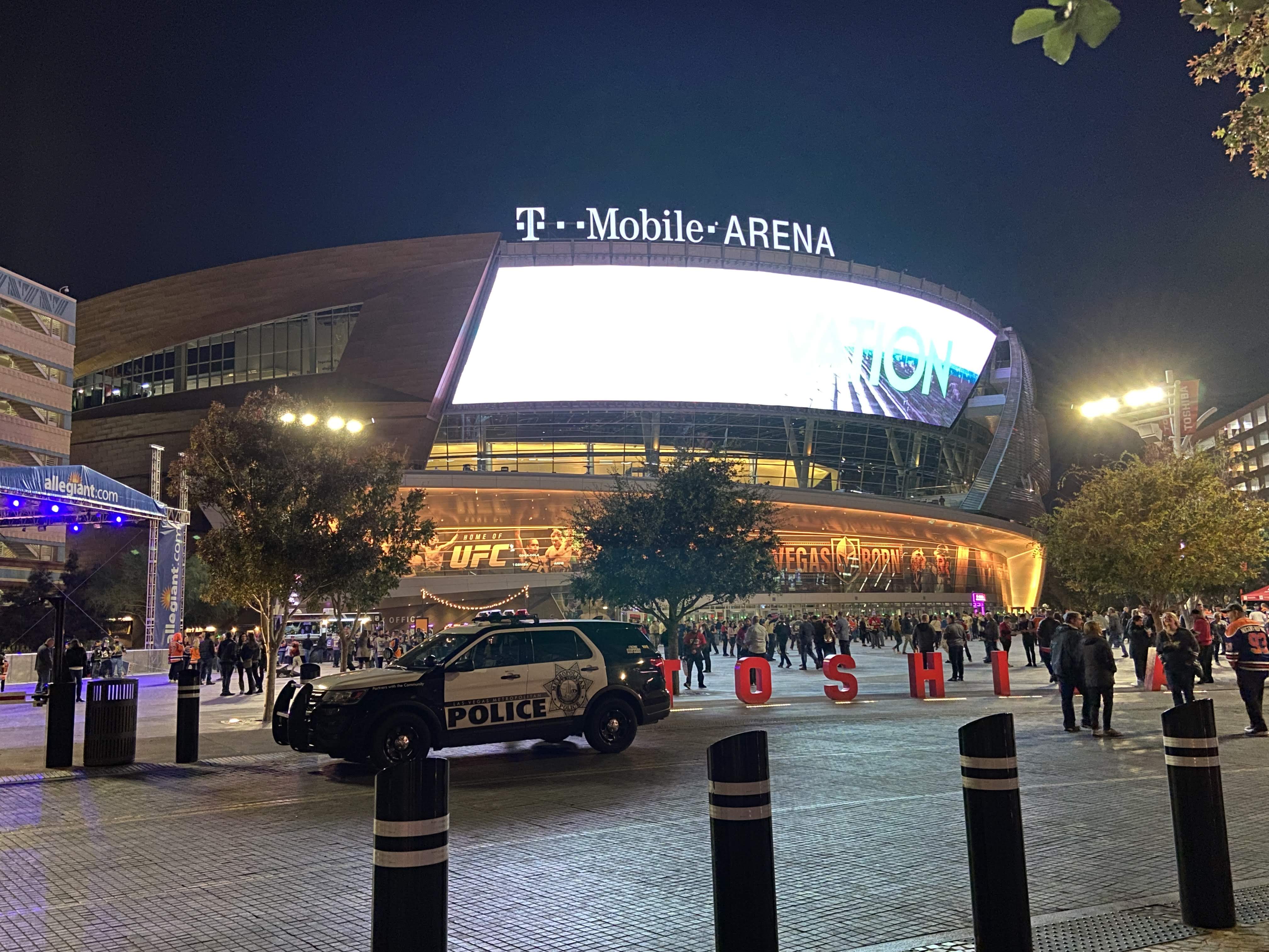 Fans outside T-Mobile Arena at night